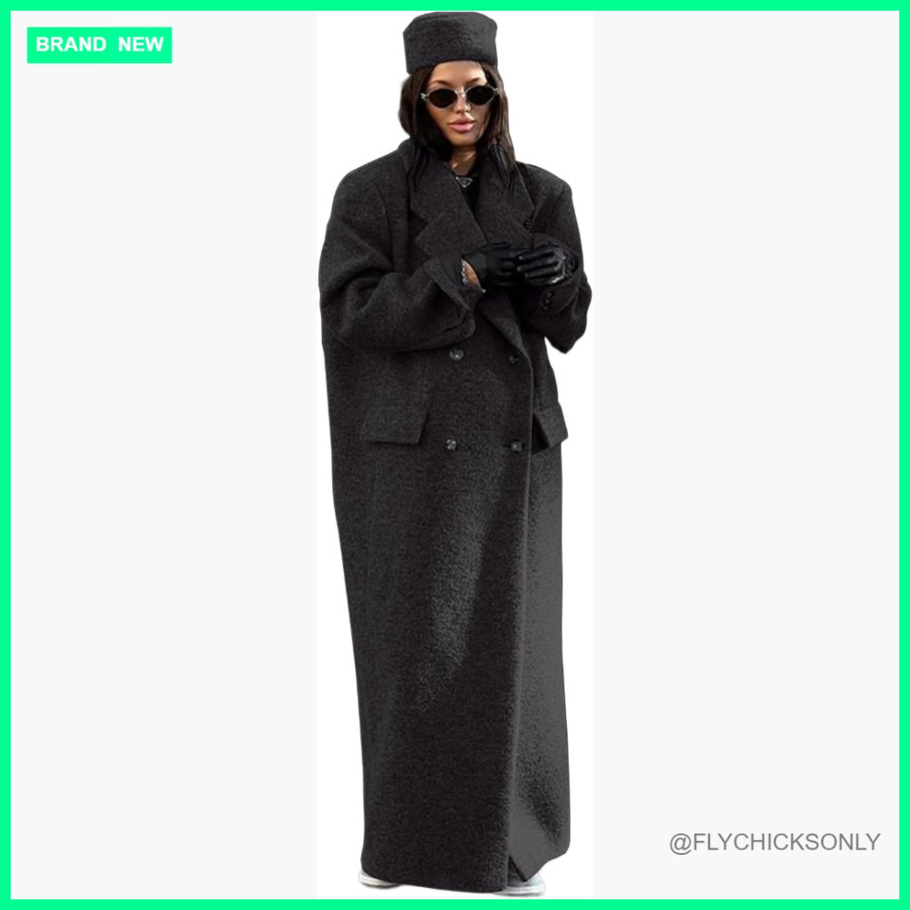 Long Wool Pea Coat With Faux Suede Fabric, Notch Collar, Double Breasted